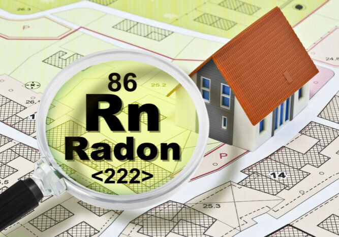 The danger of radon gas in our homes - concept with presence of radon gas under the soil of our cities and buildings with magnifying glass