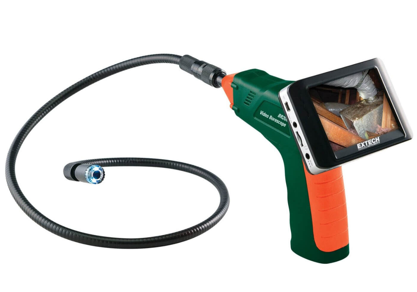 A handheld inspection camera with a flexible cable and display screen.